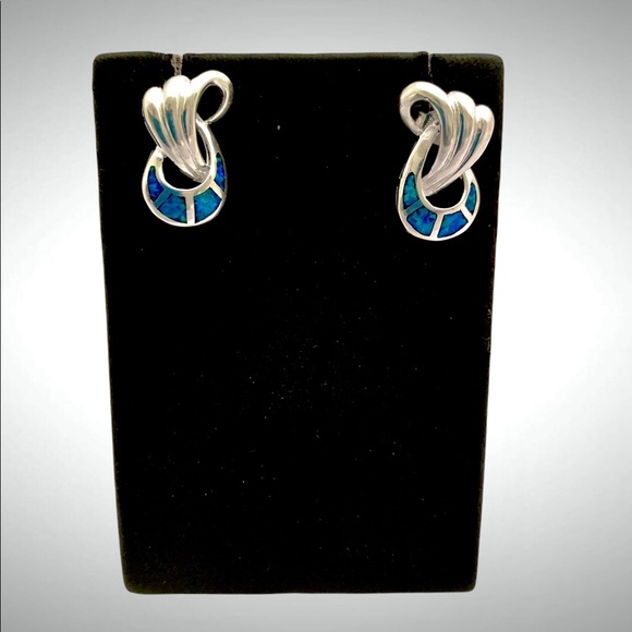 Sterling Silver Blue Lab Opal Doorknocker Earrings - Picture 3 of 5
